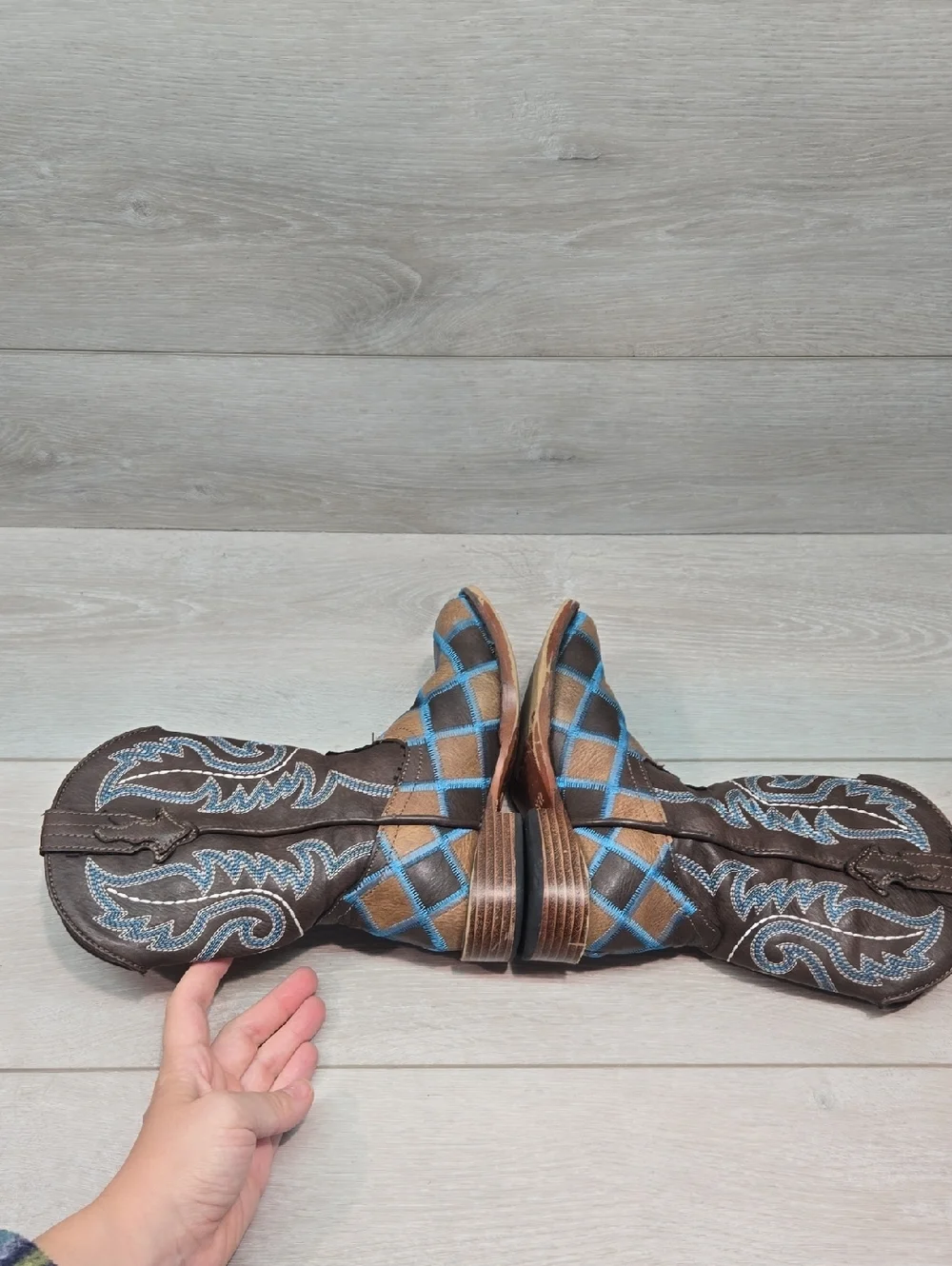 Roper Kids Girl Tall Leather Western Boots with Blue Stitch Plaid Shoes Sz 11